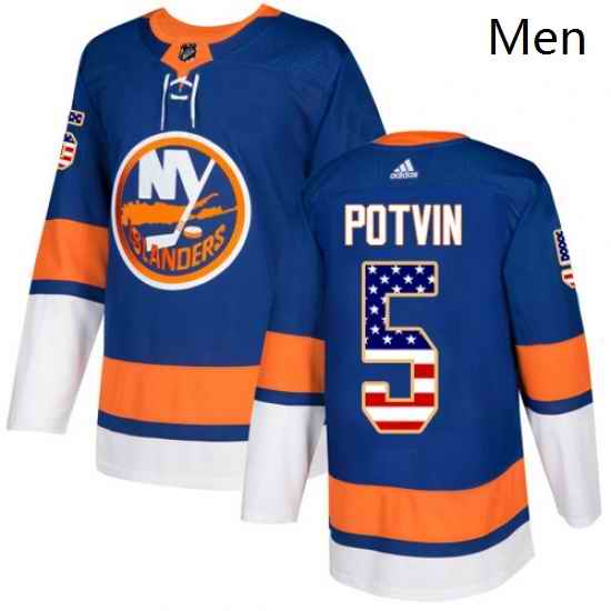 Mens Adidas New York Islanders 5 Denis Potvin Authentic Royal Blue USA Flag Fashion NHL Jersey